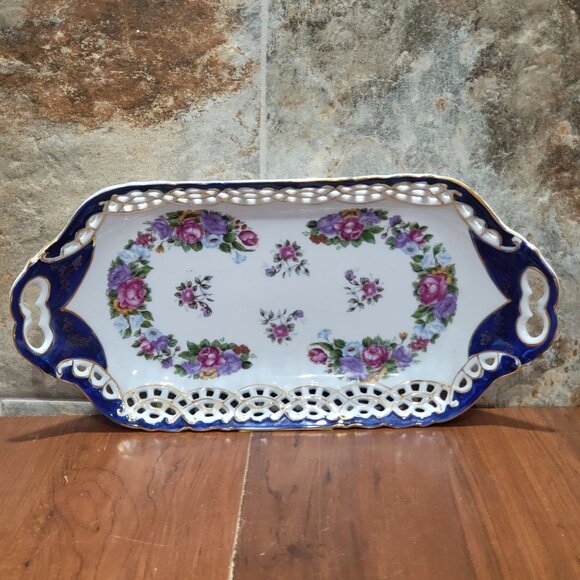 Vintage Cobalt Blue Rim & Pink Rose Porcelain Rectangular Reticulated Scalloped - Picture 1 of 11